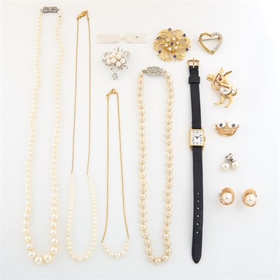 Lot 1593 - Group of Cultured and Imitation Pearl, Gold and Metal Jewelry, Gold Wristwatch, Cartier, and Cultured Pearl Fragments