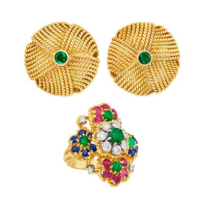 Lot 632 - Pair of Gold and Emerald Earrings and Diamond and Gem-Set Floret Ring