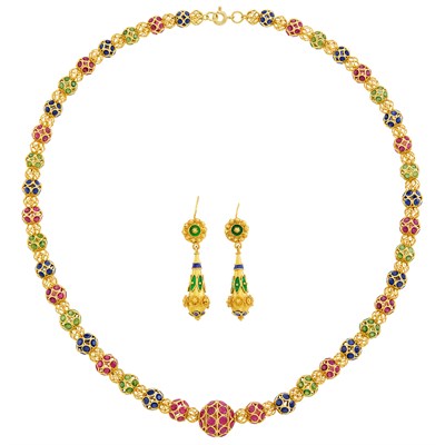 Lot 321 - Gold and Gem-Set Bead Necklace and Pair of Gold and Enamel Pendant-Earrings