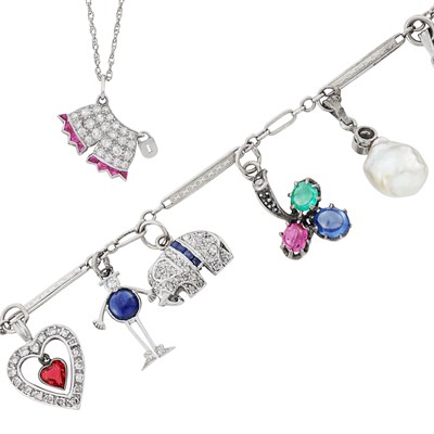 Lot 540 - White Gold, Platinum, Diamond, Gem-Set and Pearl Charm Bracelet and Pendant with Chain