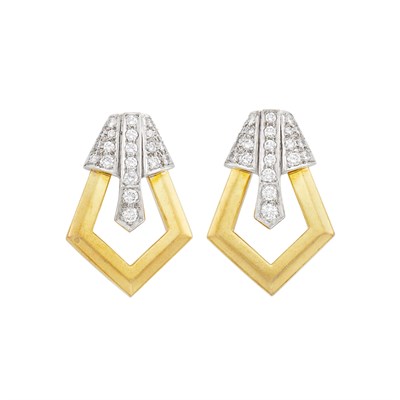 Lot 614 - Pair of Two-Color Gold and Diamond Earclips