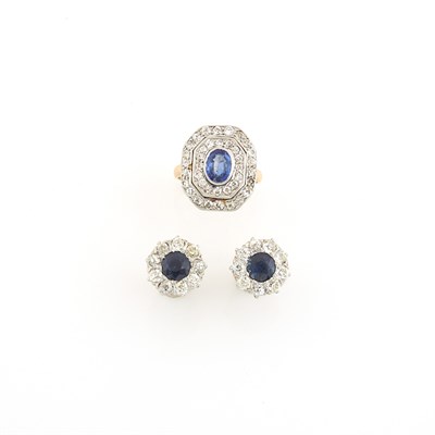Lot 1527 - Pair of Antique Platinum, Gold, Sapphire and Diamond Earrings and Sapphire Doublet and Diamond Ring