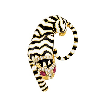 Lot 685 - Gold, Enamel, Ruby and Diamond Tiger Clip-Brooch