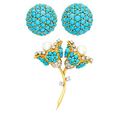 Lot 282 - Pair of Gold and Turquoise Dome Earclips, France, and Turquoise, Cultured Pearl and Diamond Flower Brooch