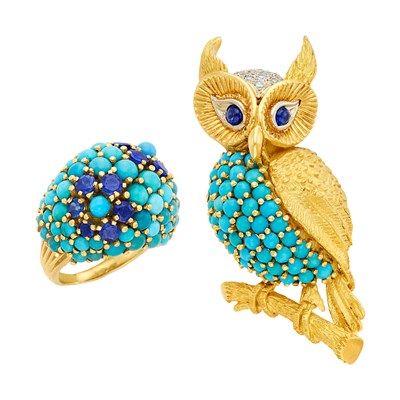 Lot 372 - Gold, Turquoise, Cabochon Sapphire and Diamond Owl Clip-Brooch and Turquoise and Sapphire Bombé Ring