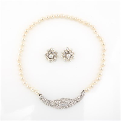 Lot 1369 - Cultured Pearl, Platinum and Diamond Necklace and Pair of White Gold, Cultured Pearl and Diamond Earclips