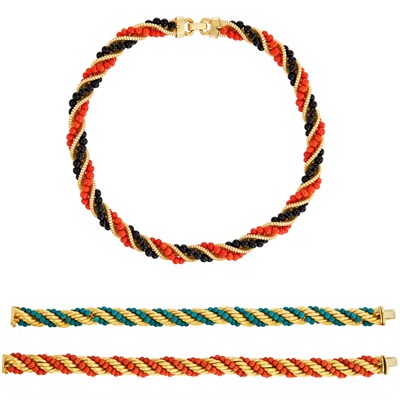 Lot 689 - Twisted Gold, Coral and Black Onyx Bead Necklace and Pair of Twisted Gold, Coral and Green Turquoise Bead Bracelets