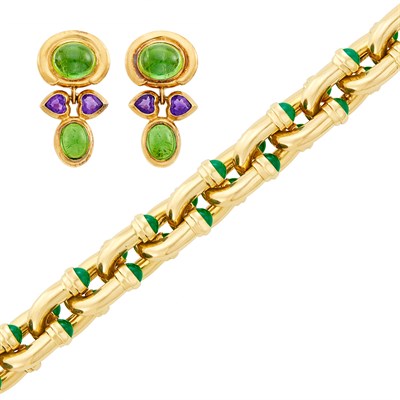 Lot 72 - Gold and Green Onyx Bracelet and Pair of Gold, Cabochon Tourmaline and Amethyst Pendant-Earrings