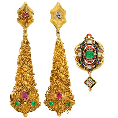 Lot 141 - Pair of Georgian Gold and Gem-Set Pendant-Earrings and Gold, Emerald, Diamond and Enamel Ring