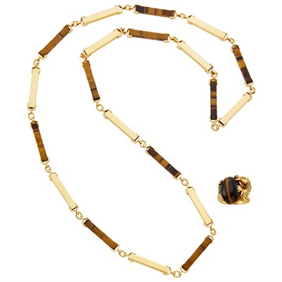 Lot 362 - Gold and Tiger's Eye Link Necklace and Gold and Tiger's Eye Dragon Ring