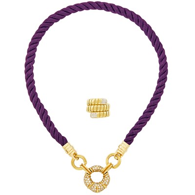 Lot 269 - Gold, Diamond and Twisted Silk Cord Necklace with Six Interchangeable Cords and Gold and Diamond Snake Link Ring