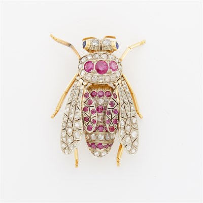 Lot 1260 - Two-Color Gold, Ruby, Diamond and Cabochon Sapphire Insect Brooch