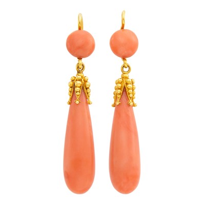 Lot 82 - Pair of Gold and Coral Pendant-Earrings