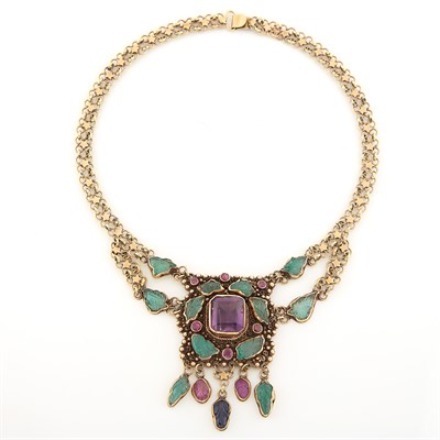 Lot 1561 - Gold, Amethyst, Ruby, Carved Emerald and Ruby Necklace