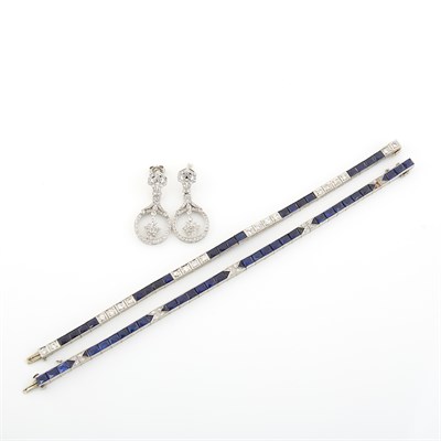 Lot 1563 - Two Platinum, Synthetic Sapphire and Diamond Straightline Bracelet and Pair of Pendant-Earrings