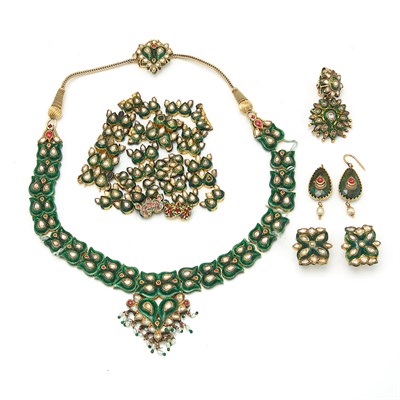 Lot 1645 - Indian Gold, Enamel, Foil-Back Diamond, Freshwater Pearl and Jaipur Enamel Necklace, Loose Links and Two Pairs of Earclips