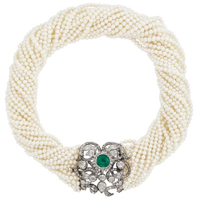 Lot 152 - Multistrand Cultured Pearl Torsade Necklace with Antique Rhodium-Plated Silver, Gold, Diamond and Simulated Emerald Clasp