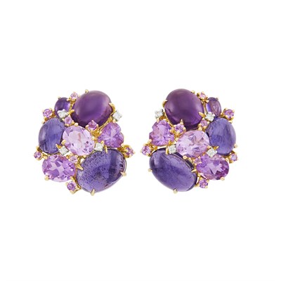 Lot 7 - Pair of Gold, Cabochon Amethyst, Iolite and Diamond Cluster Earclips