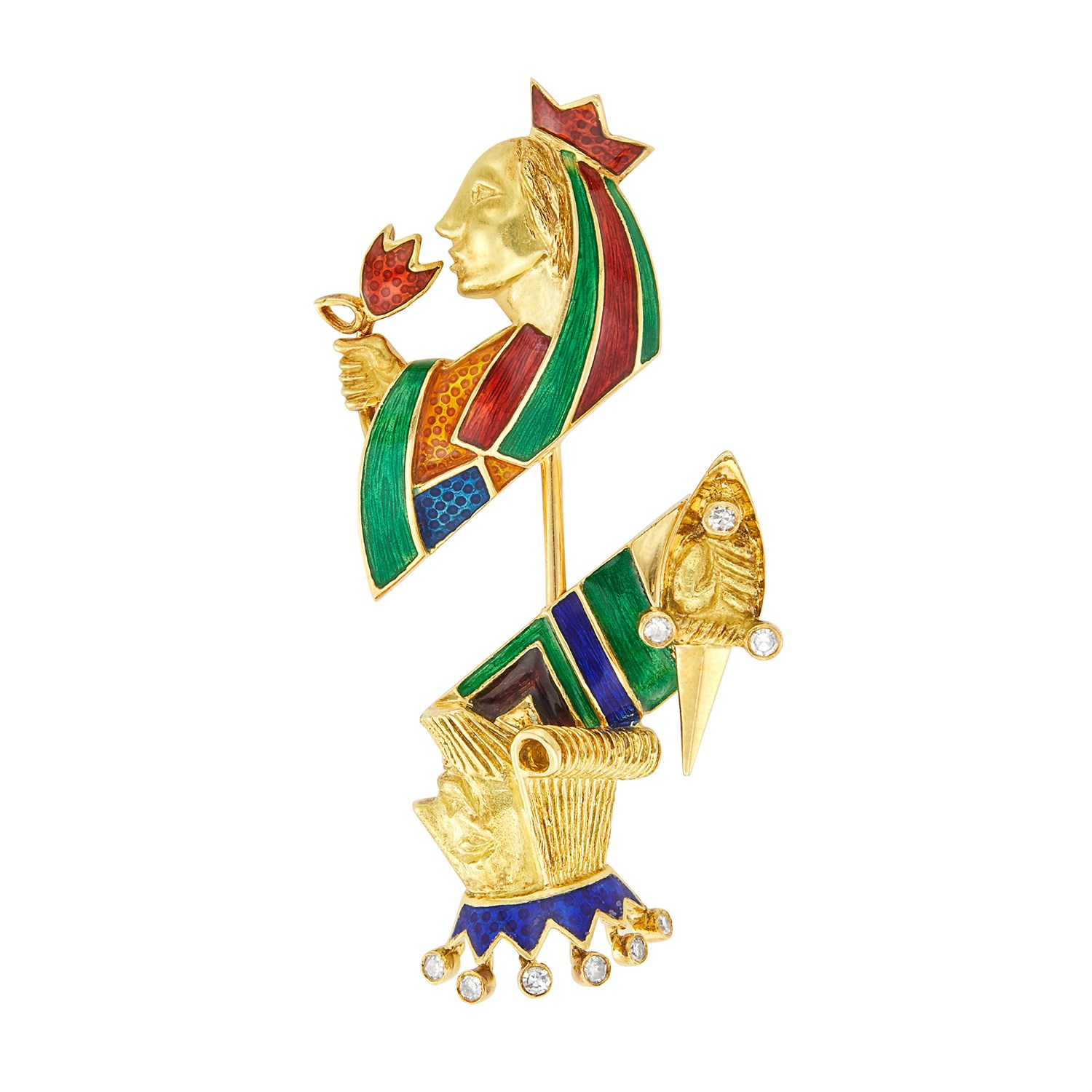 Lot 247 - Gold, Multicolored Enamel and Diamond King and Queen Jabot, Cartier, France