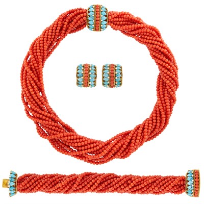 Lot 149 - Multistrand Coral Bead, Gold, Turquoise and Seed Pearl Torsade Necklace, Bracelet and Pair of Earclips