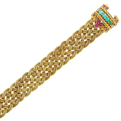 Lot 405 - Braided Gold, Platinum, Cabochon Ruby, Turquoise and Diamond Mesh Bracelet, Marchak, Paris