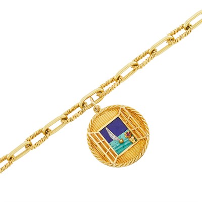 Lot 237 - Gold, Lapis, Malachite, Diamond and Cabochon Ruby Charm, Van Cleef & Arpels, France, with Link Bracelet