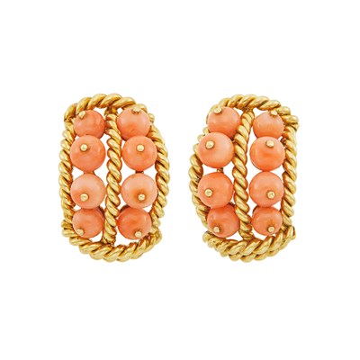 Lot 390 - Pair of Gold and Coral Bead Earclips, David Webb