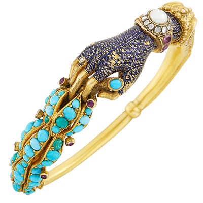 Lot 124 - Antique Gold, Turquoise, Split Pearl, Diamond, Ruby and Enamel Bangle Bracelet