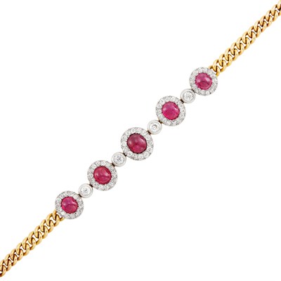 Lot 186 - Antique Gold, Platinum, Cabochon Ruby and Diamond Curb Link Chain Bracelet
