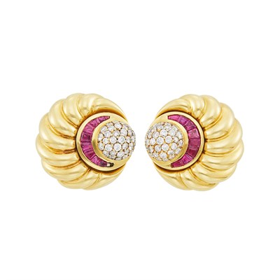 Lot 74 - Pair of Gold, Diamond and Ruby Earrings