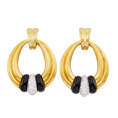 Lot 349 - Pair of Gold, Platinum, Black Onyx and Diamond Hoop Pendant-Earrings