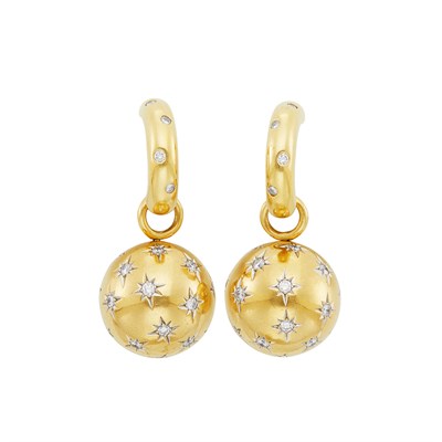 Lot 358 - Pair of Gold and Diamond Ball Pendant-Earrings