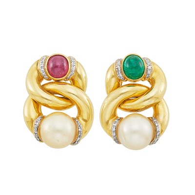 Lot 260 - Pair of Gold, Golden Cultured Pearl, Cabochon Colored Stone and Diamond Earrings
