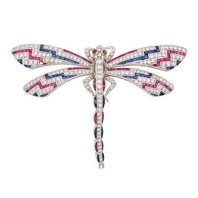Lot 214 - Platinum, Diamond, Ruby and Sapphire Dragonfly Brooch
