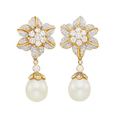 Lot 164 - Pair of Two-Color Gold, Diamond and South Sea Cultured Pearl Pendant-Earclips