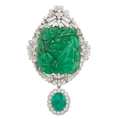 Lot 319 - White Gold, Carved Jade, Cabochon Emerald and Diamond Pendant Clip-Brooch with Platinum Chain Necklace