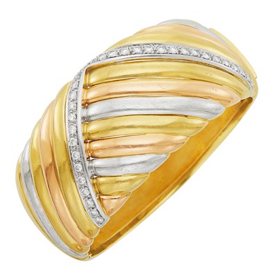 Lot 28 - Tricolor Gold and Diamond Cuff Bangle Bracelet