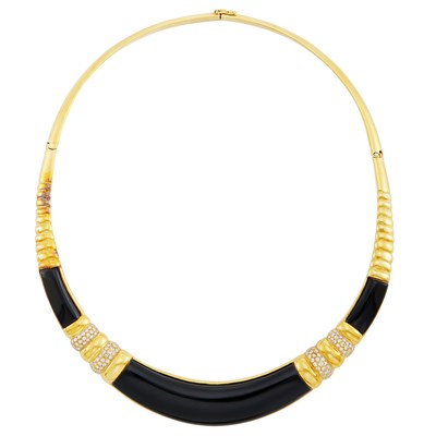 Lot 72 - Gold, Black Onyx and Diamond Necklace