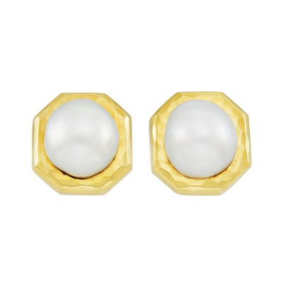 Lot 82 - Pair of Gold and South Sea Semi-Baroque Cultured Pearl Earclips, Henry Dunay