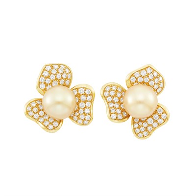 Lot 403 - Pair of Gold, Golden Cultured Pearl and Diamond Flower Earrings, Salavetti