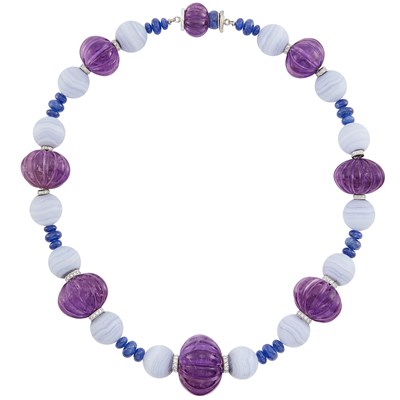 Lot 68 - Fluted Amethyst, Blue Lace Agate and Sapphire Bead, White Gold and Diamond Necklace, Fred Leighton