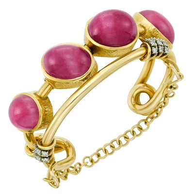 Lot 19 - Gold, Cabochon Ruby and Diamond Bangle Bracelet, Cartier