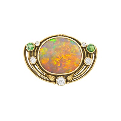 Lot 42 - Arts and Crafts Gold, Opal, Demantoid Garnet and Diamond Pin