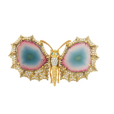 Lot 284 - Tricolor Gold, Sliced Watermelon Tourmaline, Diamond and Colored Diamond Butterfly Clip-Brooch, Gianmaria Buccellati