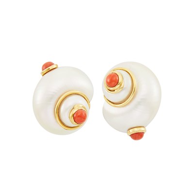 Lot 129 - Pair of Gold, Shell and Coral Earclips, David Webb