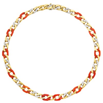 Lot 130 - Gold, Coral and Diamond Curb Link Necklace, Bulgari