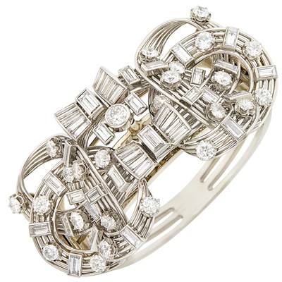 Lot 335 - Platinum, White Gold and Diamond Cuff Bangle Bracelet/Double Clip Combination, France