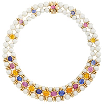 Lot 39 - Double Strand Cultured Pearl, Gold and Multicolored Sapphire Necklace