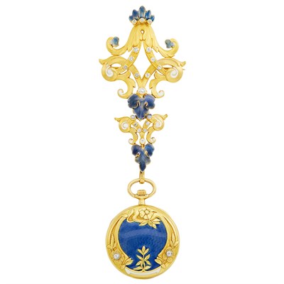 Lot 45 - Belle Époque Gold, Enamel and Diamond Lapel-Watch, Tiffany & Co.