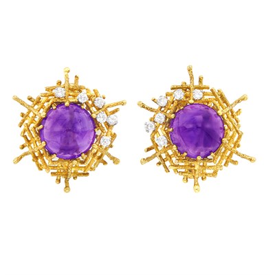 Lot 9 - Pair of Gold, Platinum, Cabochon Amethyst and Diamond Earclips, Attributed to George Weil